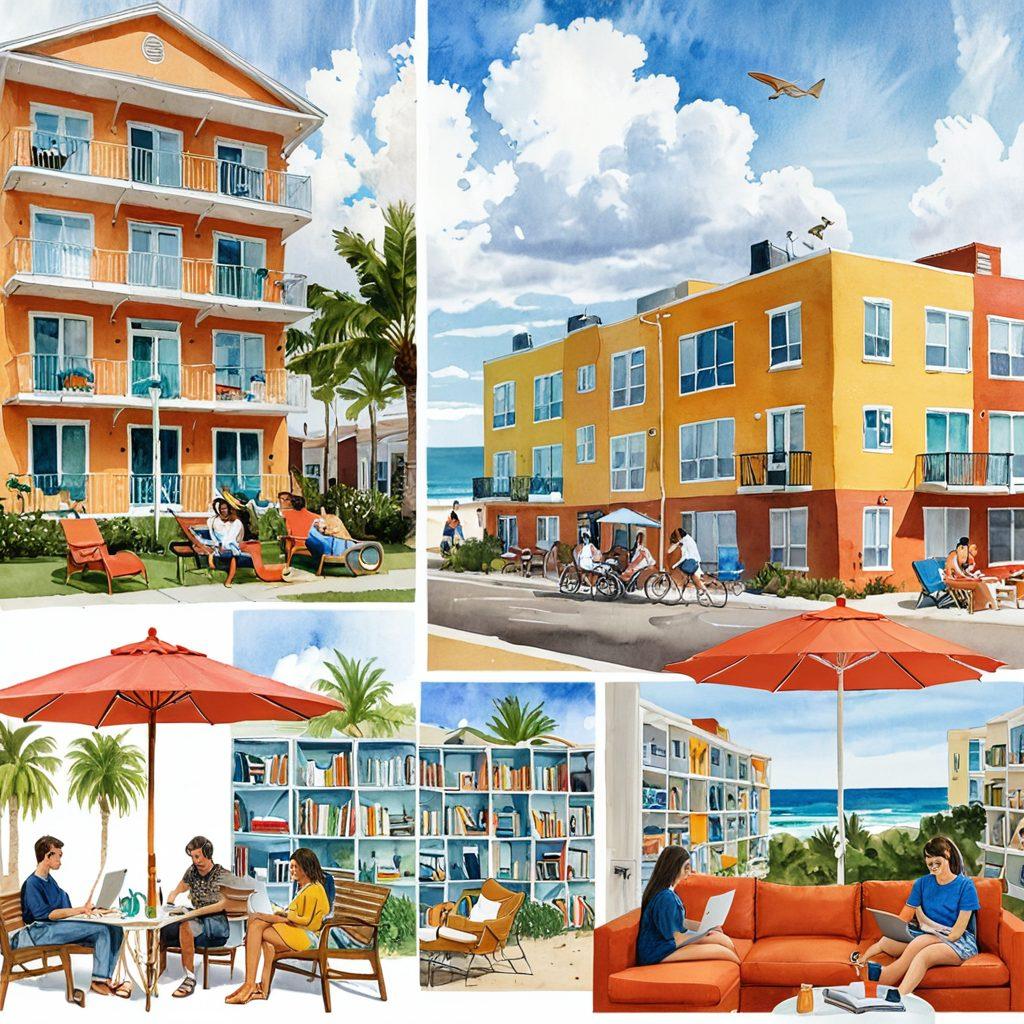 An artistic collage depicting the transformation of student housing into vibrant vacation rentals. Showcase diverse architectural styles, with students studying on one side transitioning to families enjoying a vacation on the other. Include elements like beach umbrellas, colorful furniture, and playful decor. The scene should be bright, inviting, and full of life to represent both student and vacation lifestyles. watercolor painting. vibrant colors. white background.