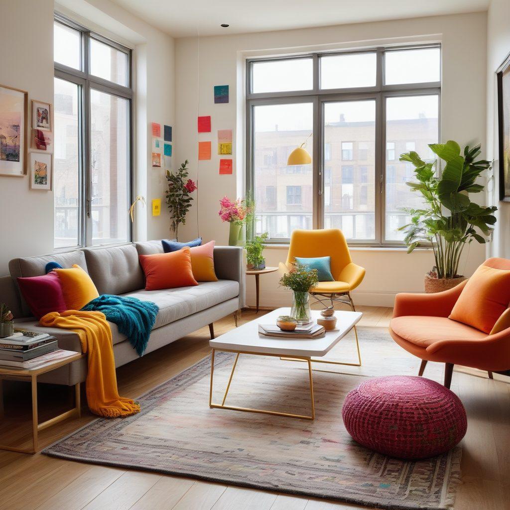 A modern apartment with bright interior, showcasing diverse rental options, including various furnished spaces and decor styles. Include a key symbolizing 'unlocking' opportunities, surrounded by expert tips written on sticky notes. The scene should evoke a welcoming and informative atmosphere, inviting the viewer to explore housing solutions. super-realistic. vibrant colors. light background.