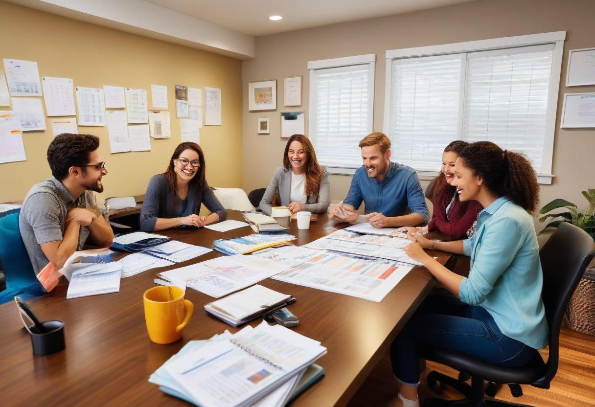 A well-organized workspace featuring a diverse group of happy individuals discussing lease agreements over a table filled with housing documents, calculators, and coffee cups. In the background, a large calendar with important housing dates and a framed picture of a cozy affordable home. Warm lighting to convey a welcoming atmosphere. super-realistic. vibrant colors.